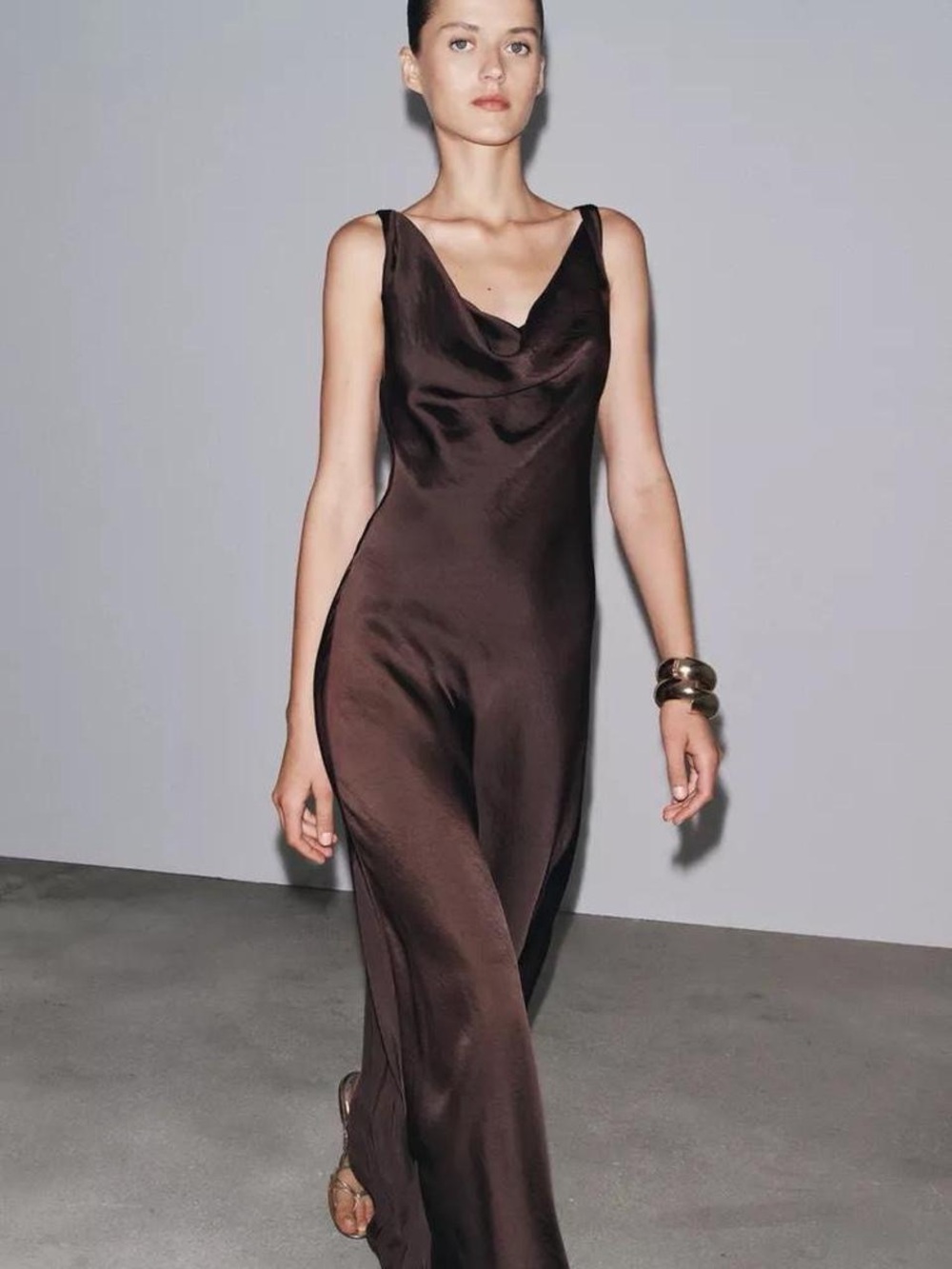 Zara Brown Satin Cowl-Neck Jumpsuit